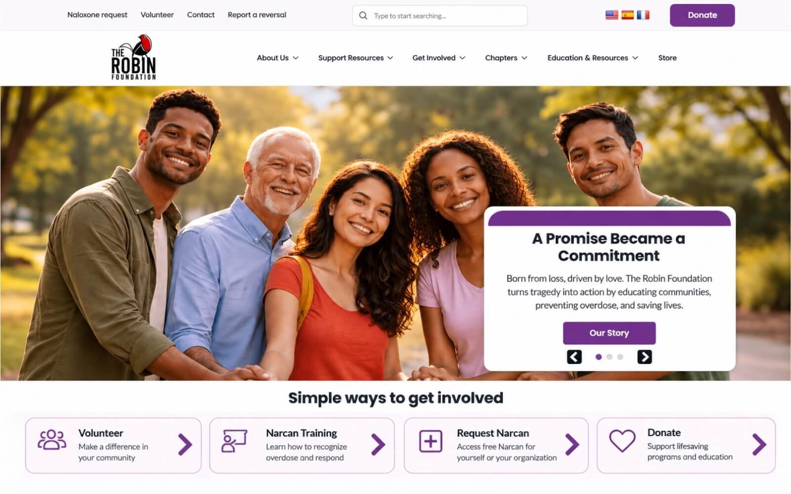 The Robin Foundation homepage with donation, volunteer, Narcan training, and request Narcan options.